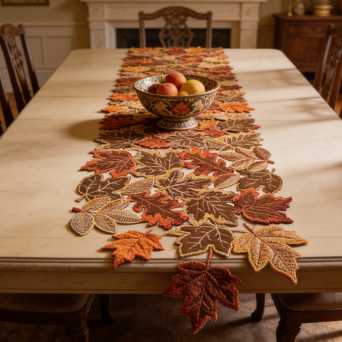 Embroidered maple leaf table runner with cut out edges on a wooden dining table
