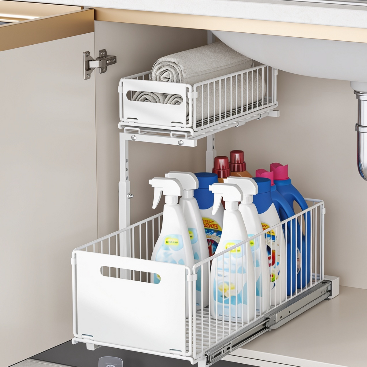 White sliding organizer with cleaning sprays and gloves inside a wood cabinet