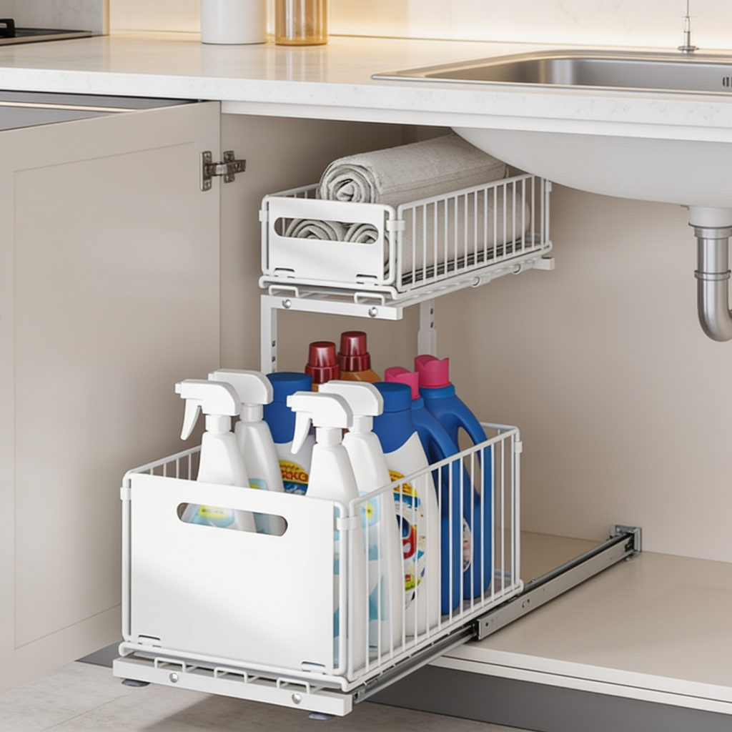 White two tier pull out rack holding spray bottles and blue gloves under a sink