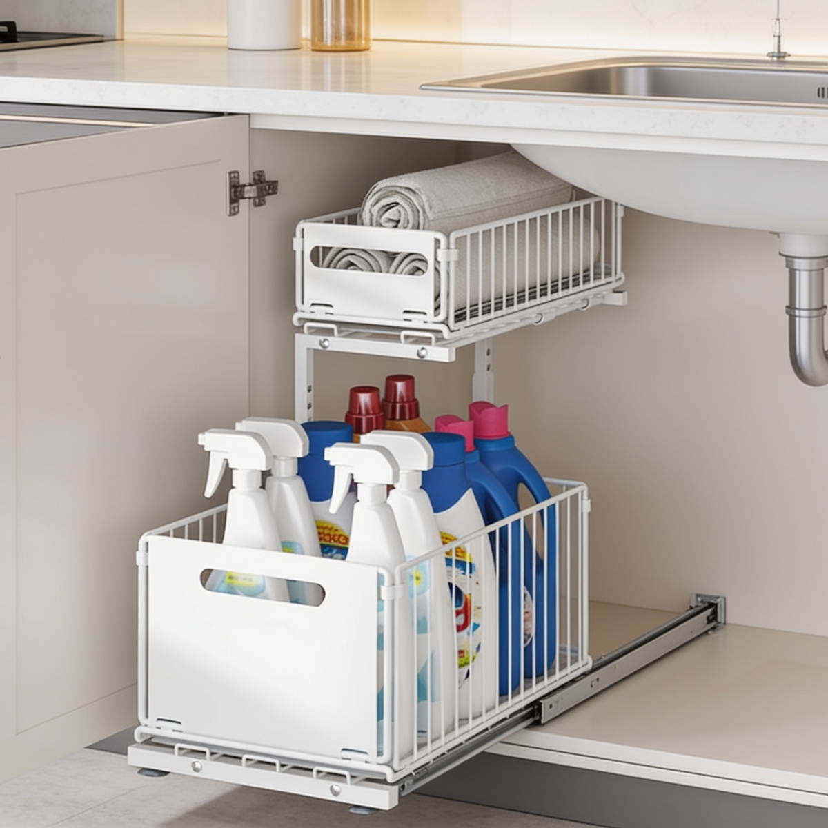 White two tier pull out rack holding spray bottles and blue gloves under a sink