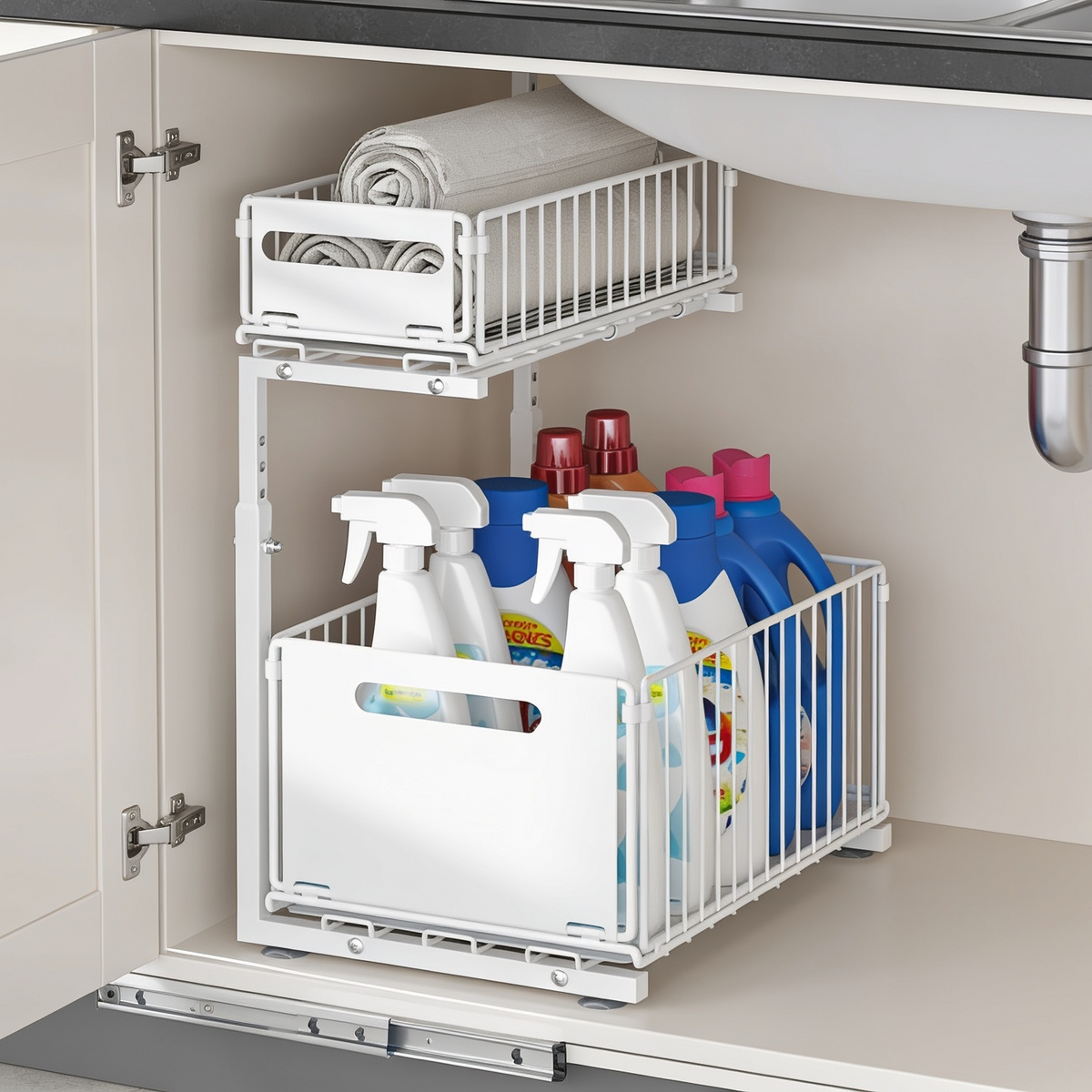White two tier rack extended under a sink with plumbing pipes above