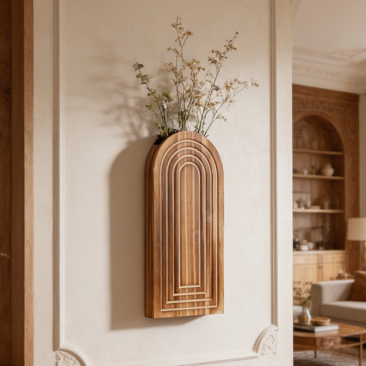 Arched wooden wall vase with grooved ridges holding dried stems on a plain wall