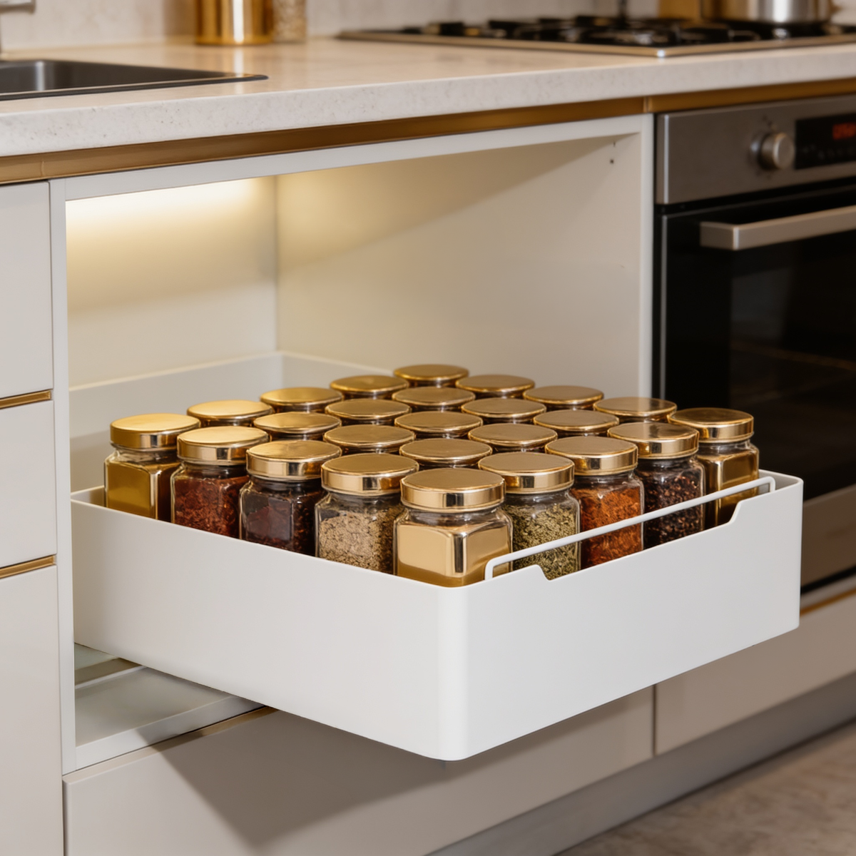Pull out drawer holding glass spice jars with gold lids beneath a cooktop