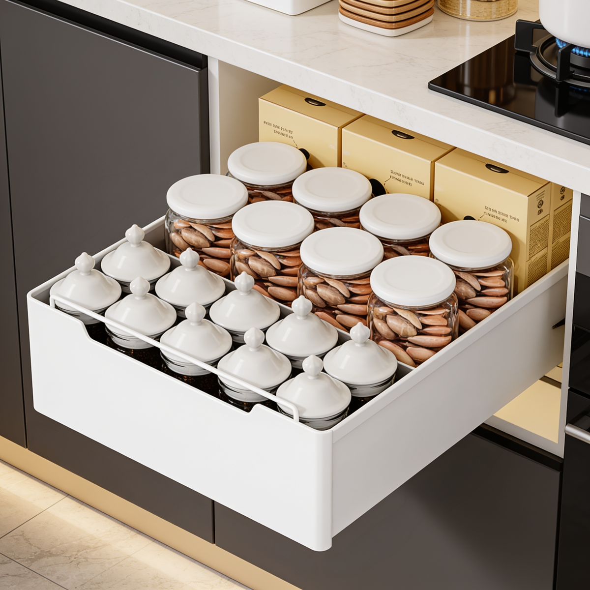 White sliding cabinet drawer pulled open to show rows of lidded storage jars