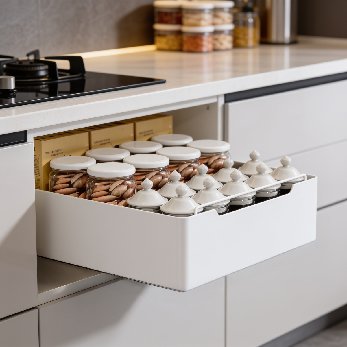 Sliding shelf extended from a white base cabinet stacked with ceramic jars