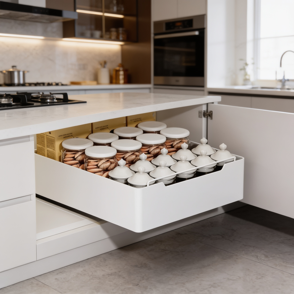 Drawer organizer slid out under a kitchen counter with jars in neat rows