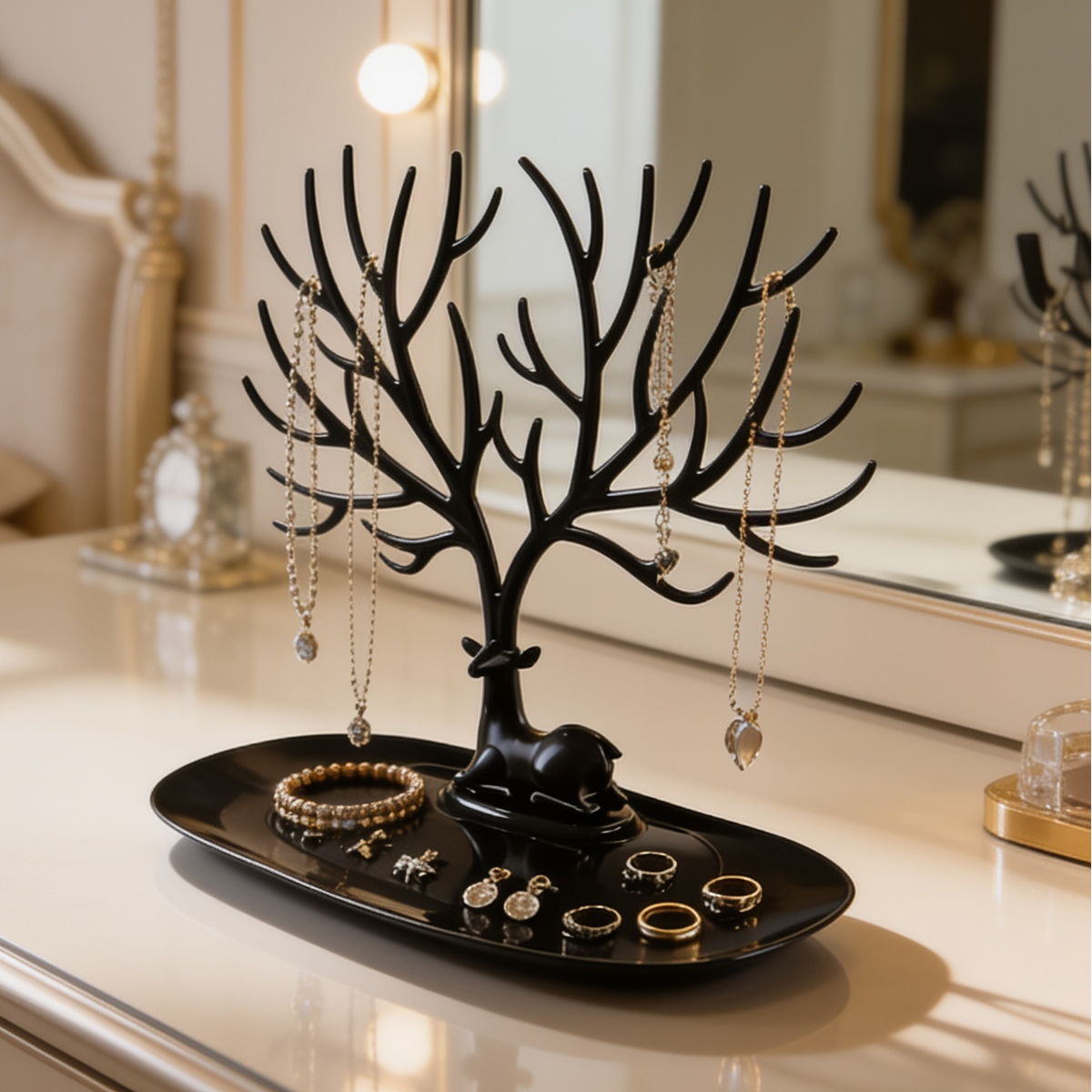 Black stand with bracelets and rings arranged in the oval base tray