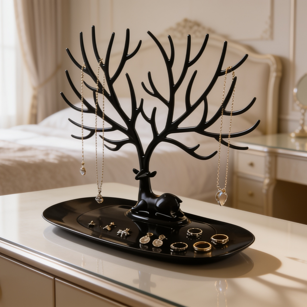 Black stand with earrings dangling from the branches and rings below