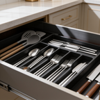 Angled view of serving utensils sorted in a black drawer tray