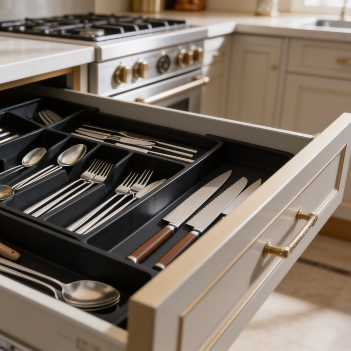 Silverware tray filling a drawer next to the stove