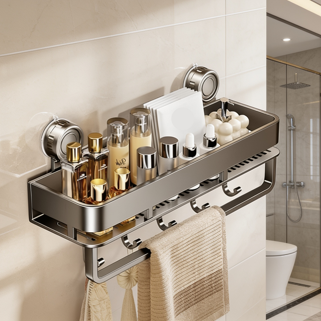 Gunmetal suction shelf of pump bottles with hooks and a towel bar on beige tile