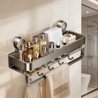 Gunmetal suction shelf of pump bottles with hooks and a towel bar on beige tile