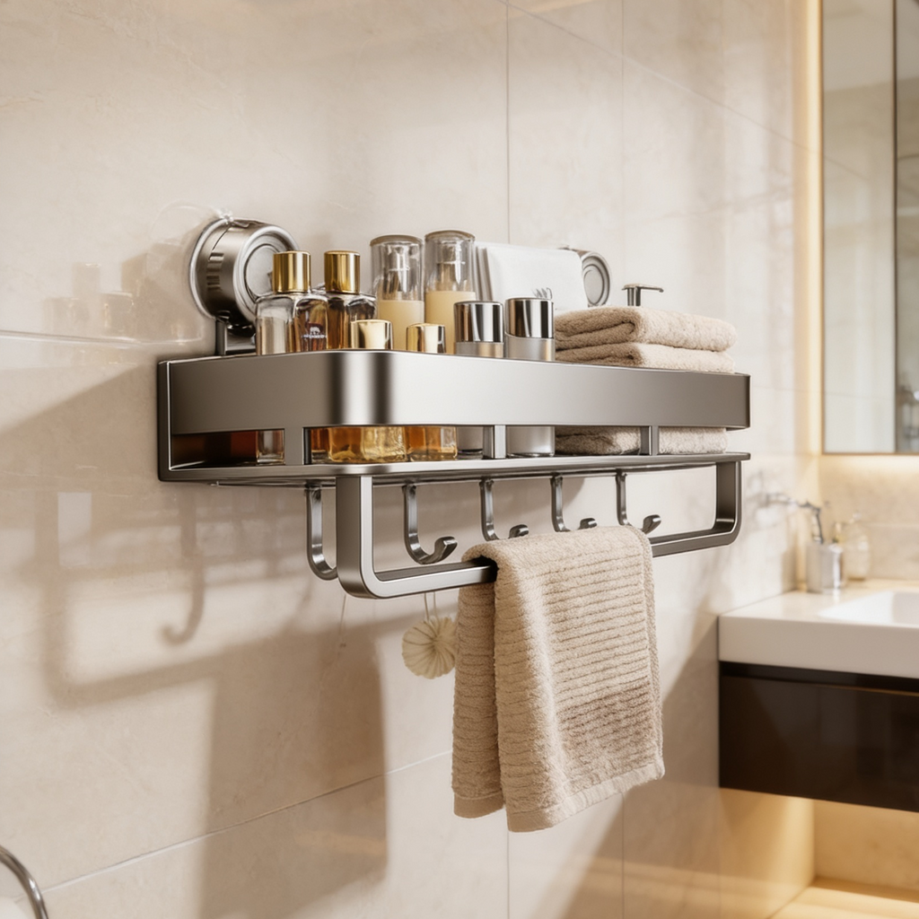 Shelf and towel rail fixed beside a lit mirror above a dark wood vanity