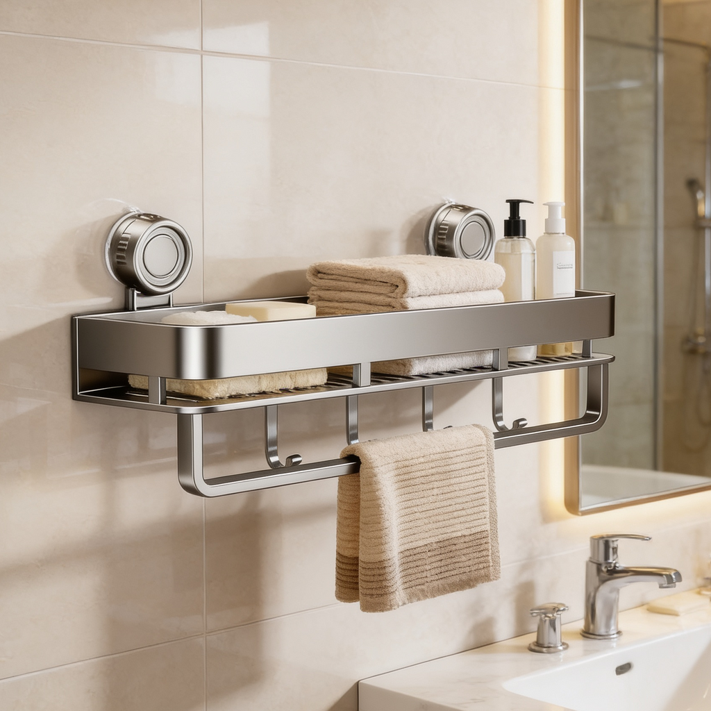 Storage rack mounted above a bathroom basin with a towel draped over the rail