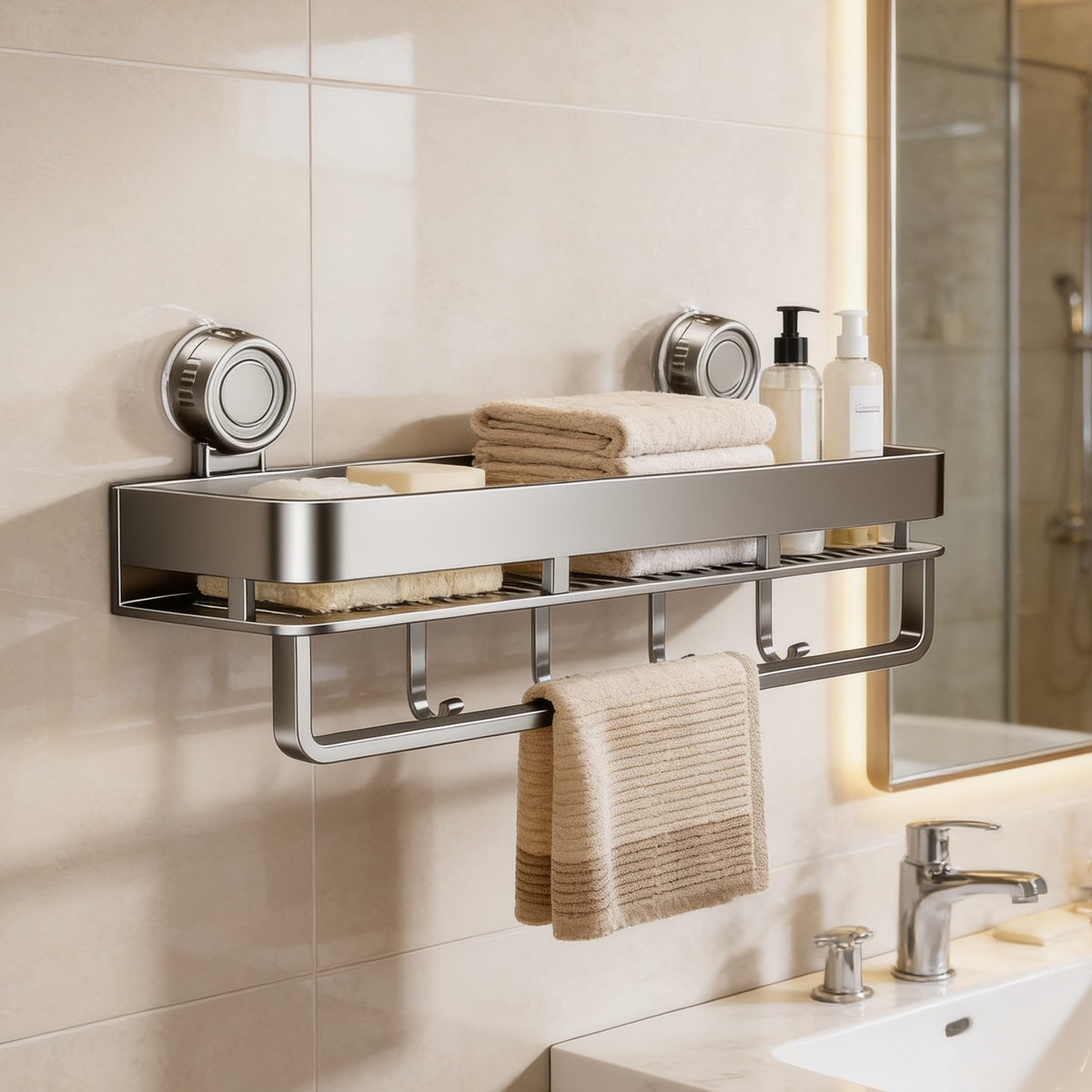 Storage rack mounted above a bathroom basin with a towel draped over the rail