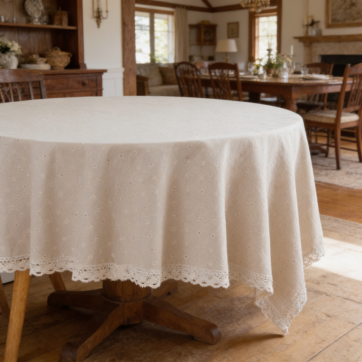 Plain cream round tablecloth with a scalloped lace edge over a pedestal table