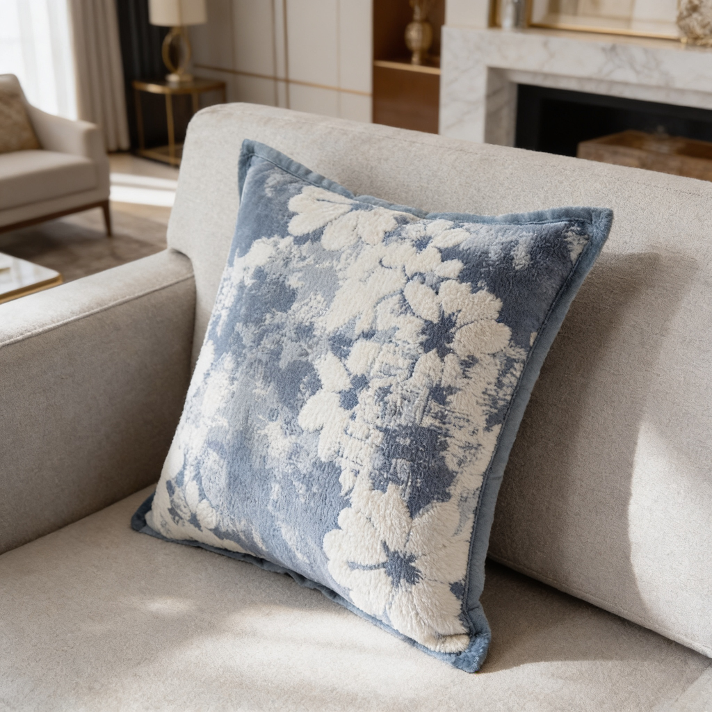Blue chenille pillow cover with cream floral, style 12