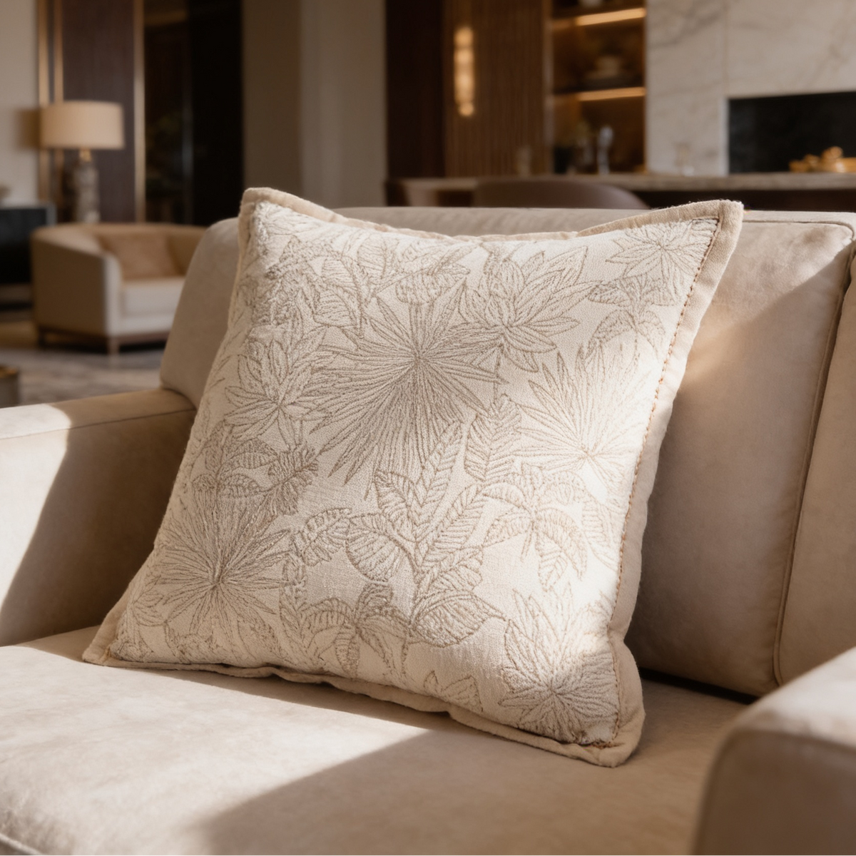 Ivory cushion with a soft floral weave and rope trim on a cream sofa near a fireplace