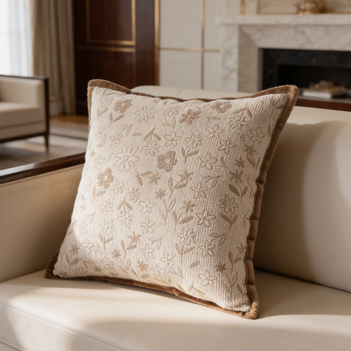 Pale beige cushion with a scattered flower weave and rope trim seen beside a fireplace