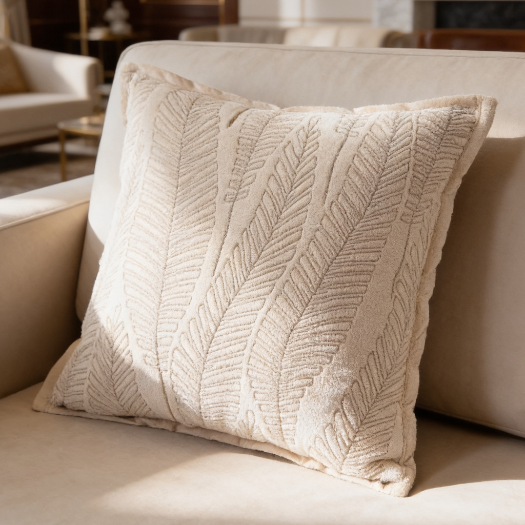 Cream cushion woven with long feathery fronds resting against a beige couch