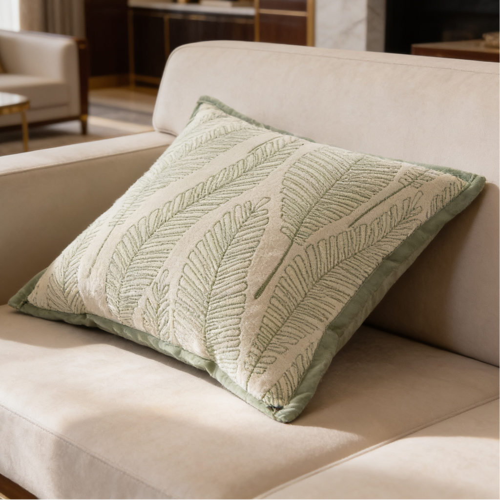 Close view of a sage green pillow woven with a bold leaf motif