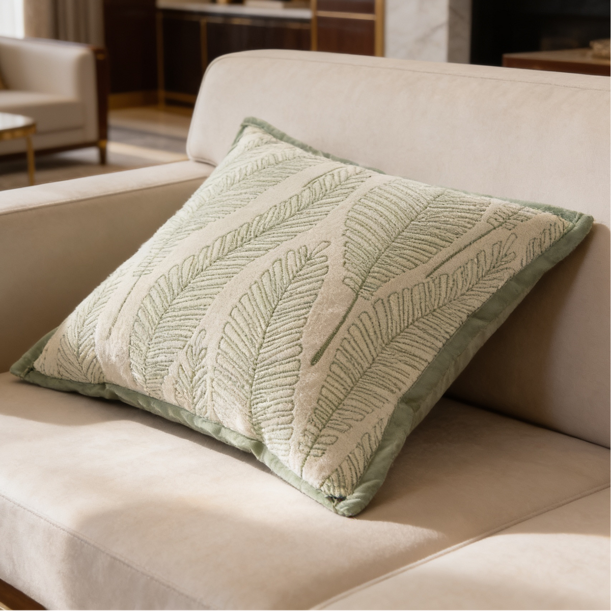 Close view of a sage green pillow woven with a bold leaf motif