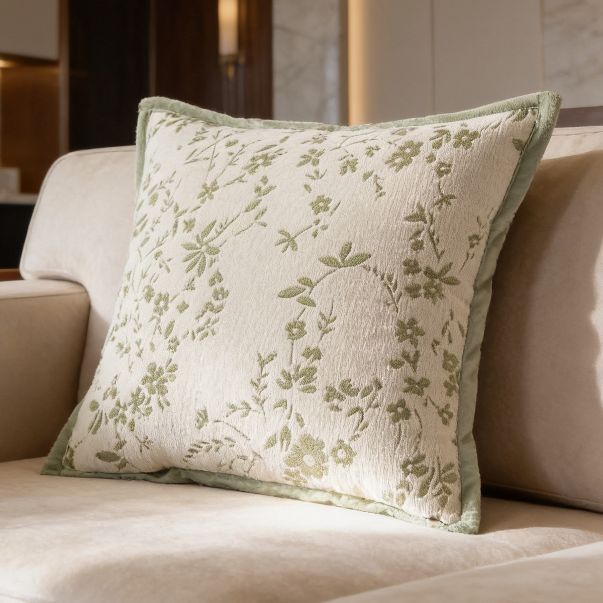 Ivory chenille pillow cover with sage botanical sprigs, style 01