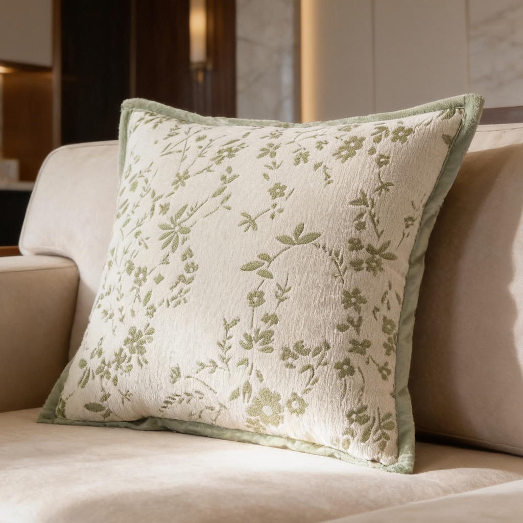 Sage pillow scattered with small leafy sprigs resting on a cream couch
