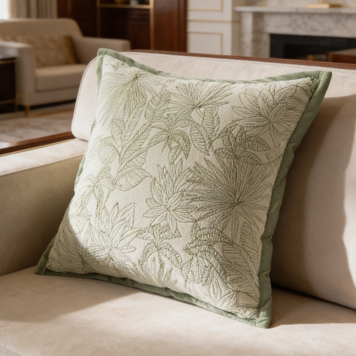 Solid sage green pillow with a tonal leaf weave against a sofa back