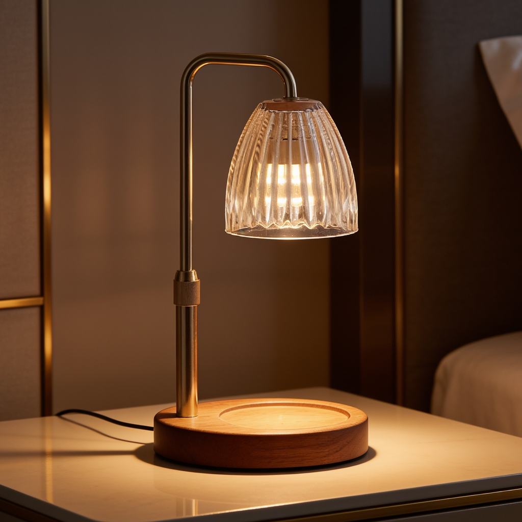 Warmer lamp on a dark wood tray with its cord running behind the base