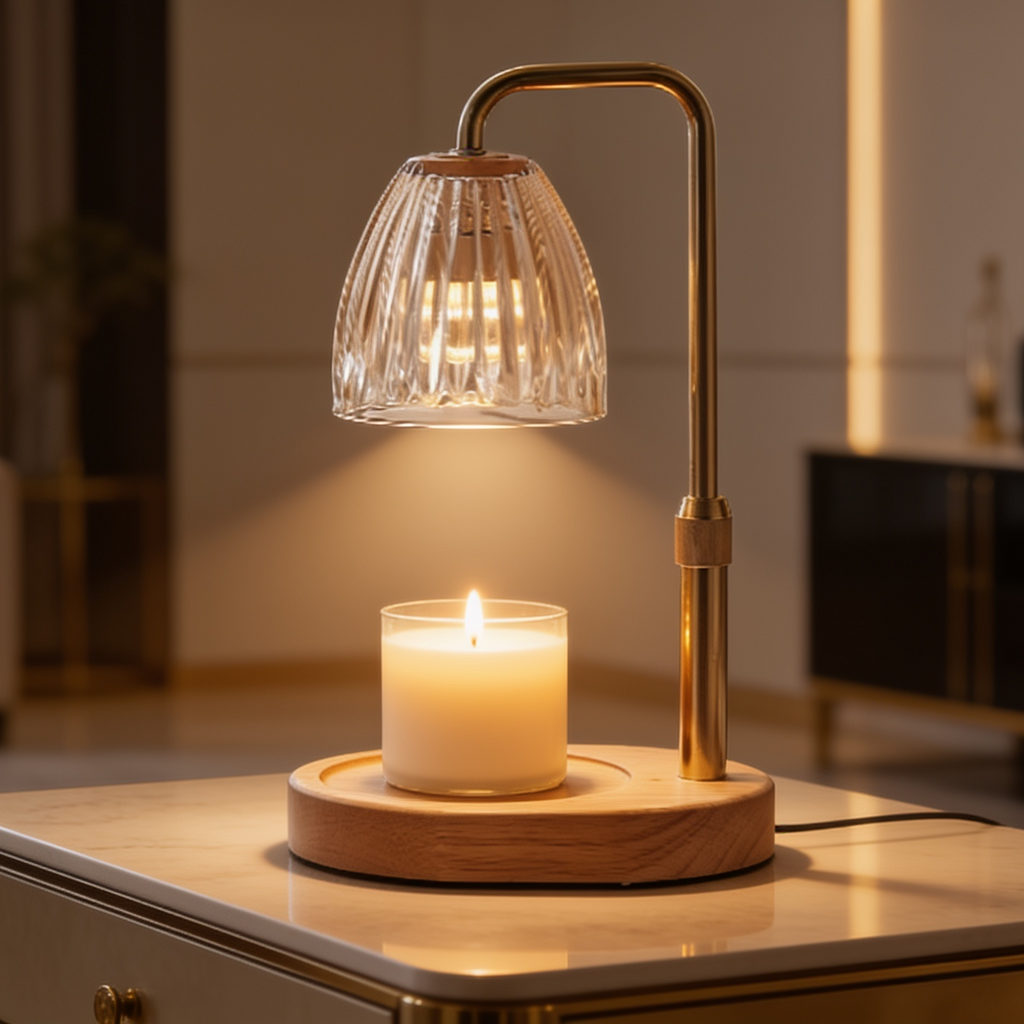 Warmer lamp arm arched over a wide white pillar candle in a dim bedroom