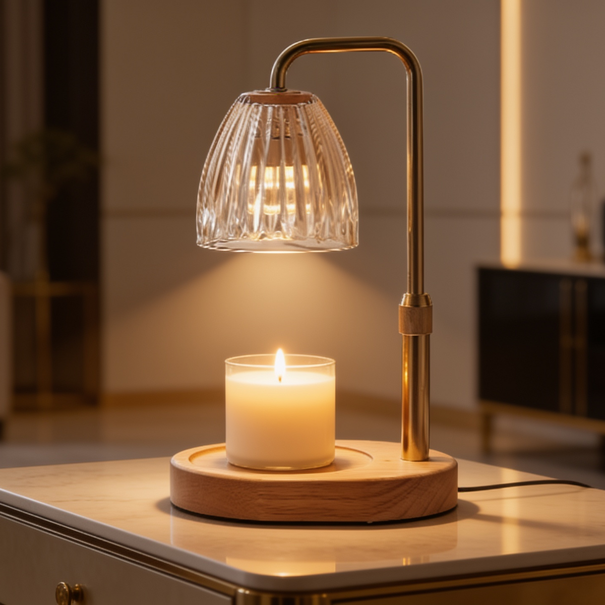Warmer lamp arm arched over a wide white pillar candle in a dim bedroom