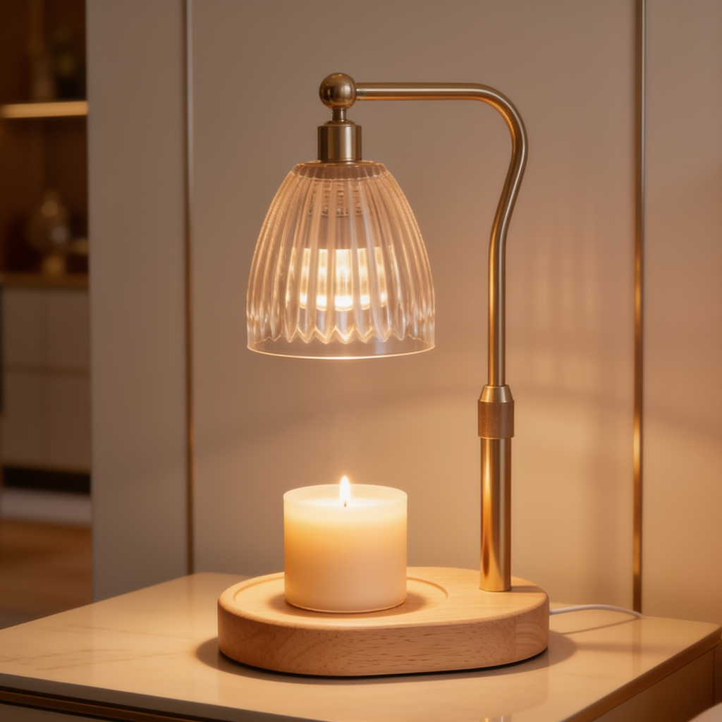 Head on view of the warmer lamp above a lit white pillar candle