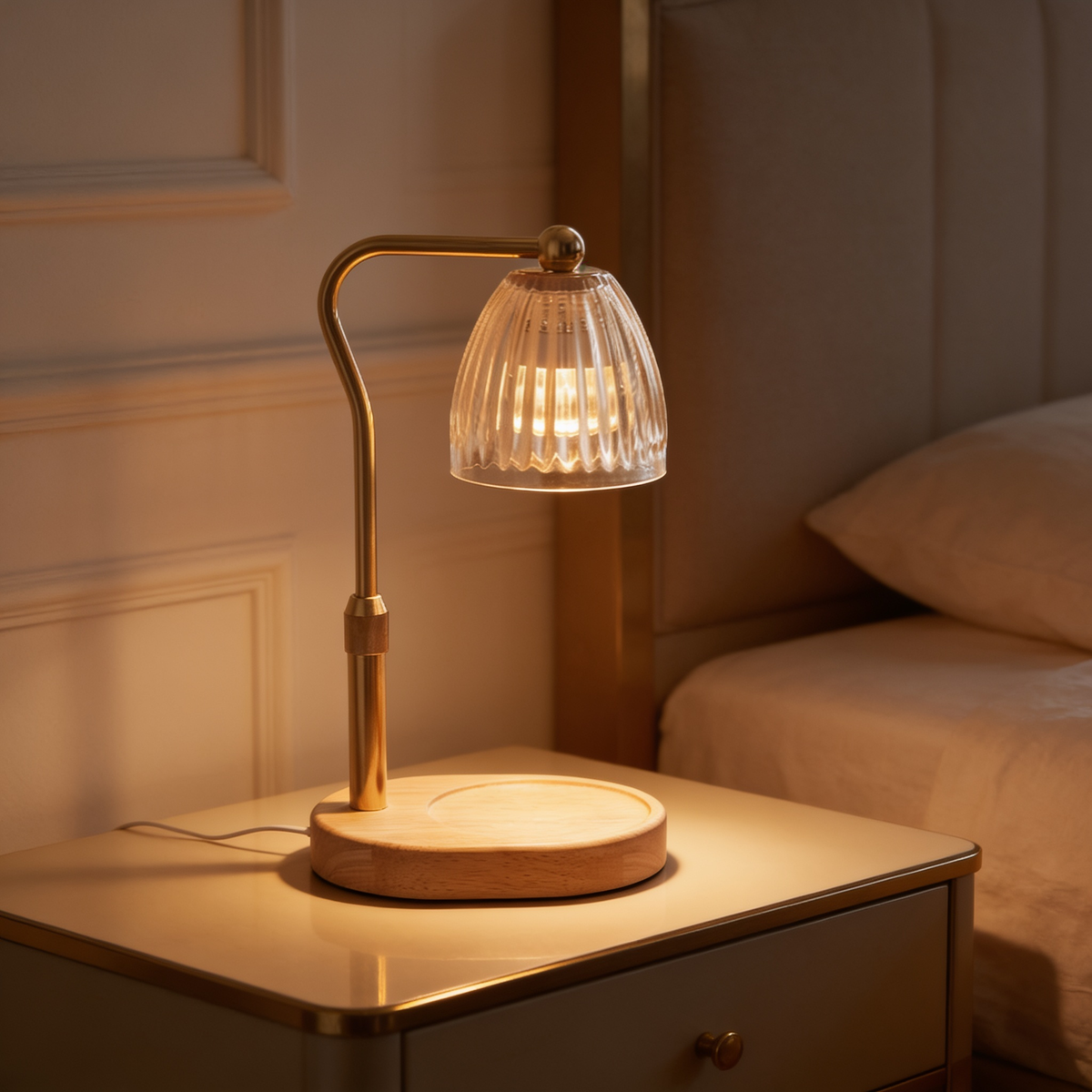 Warmer lamp with a fluted glass shade on a nightstand by a cushioned bed