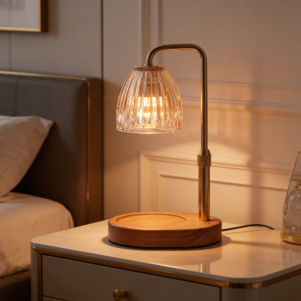 Lit warmer lamp on a bedside table with a glass tumbler beside it