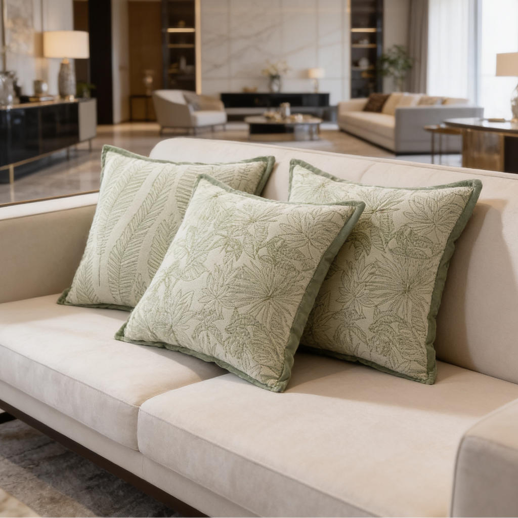 Three sage green chenille pillows lined up along a cream sofa