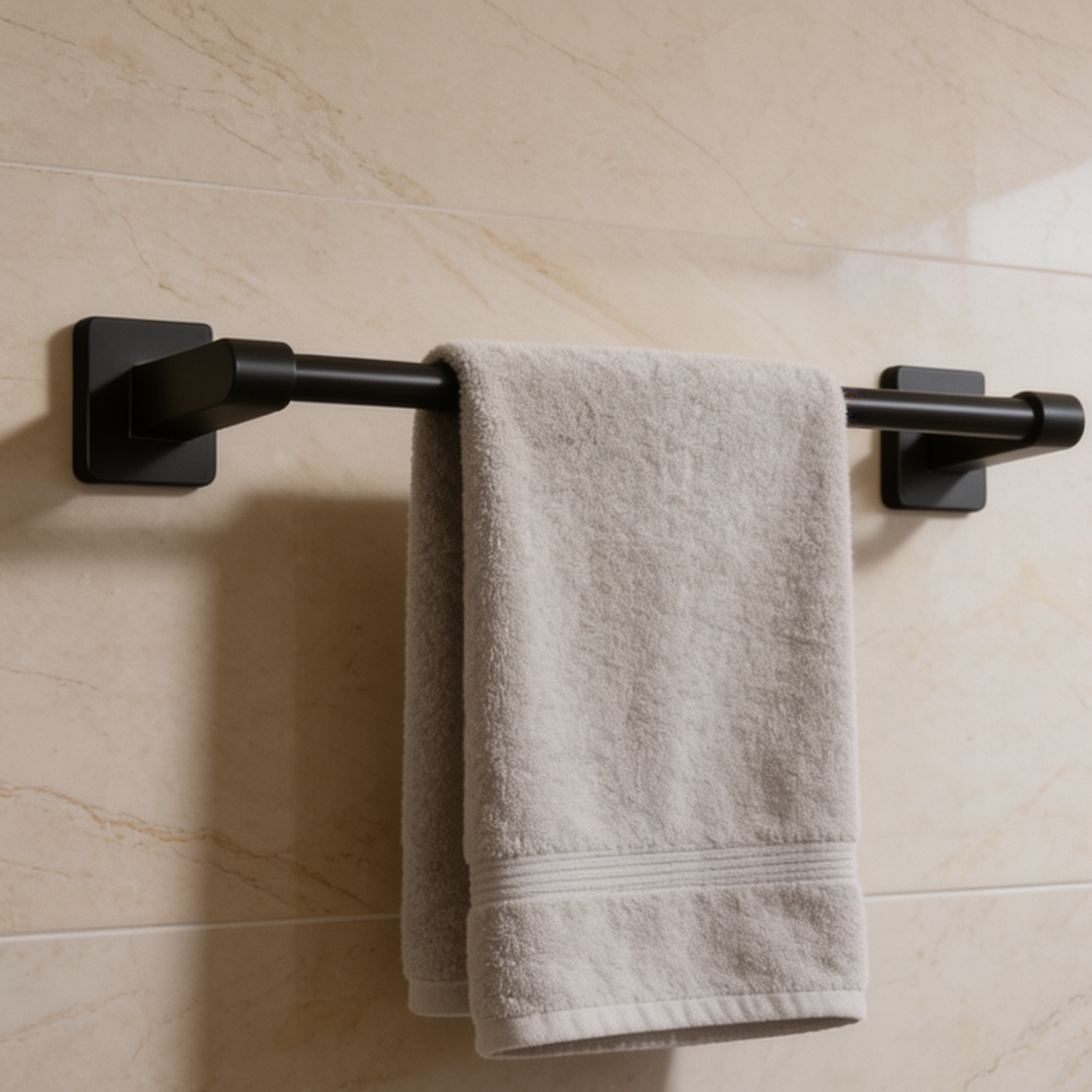 Black towel bar on beige tile with a folded gray towel hanging from it