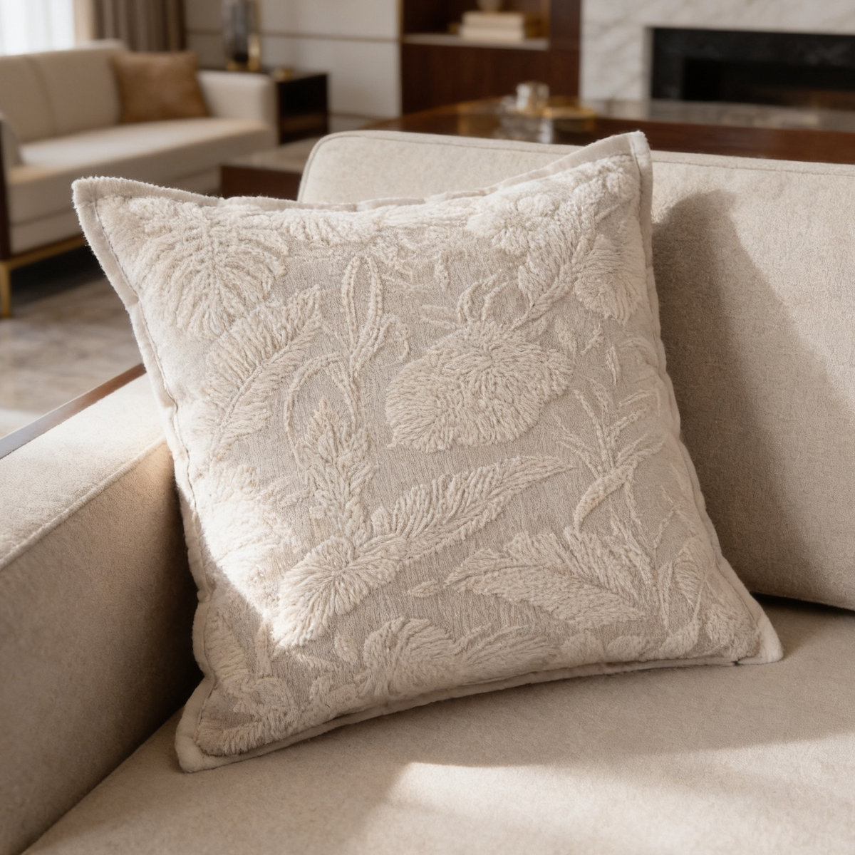 Ivory cushion with a dense raised flower jacquard on a pale sofa in a wide room