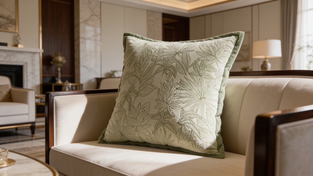 Sage pillow with a large botanical weave and green flange edge by a fireplace