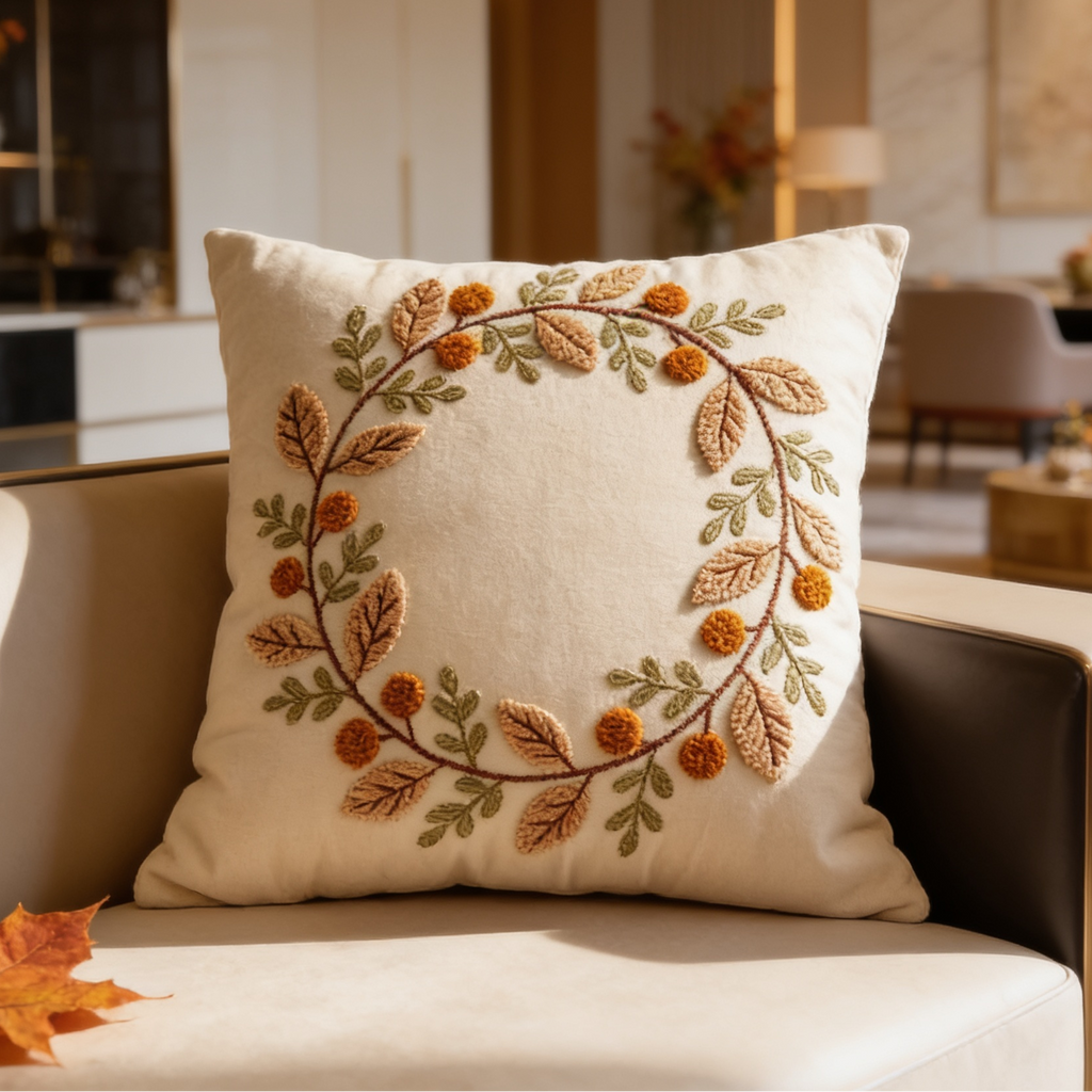 Fall wreath tufted velvet throw pillow cover