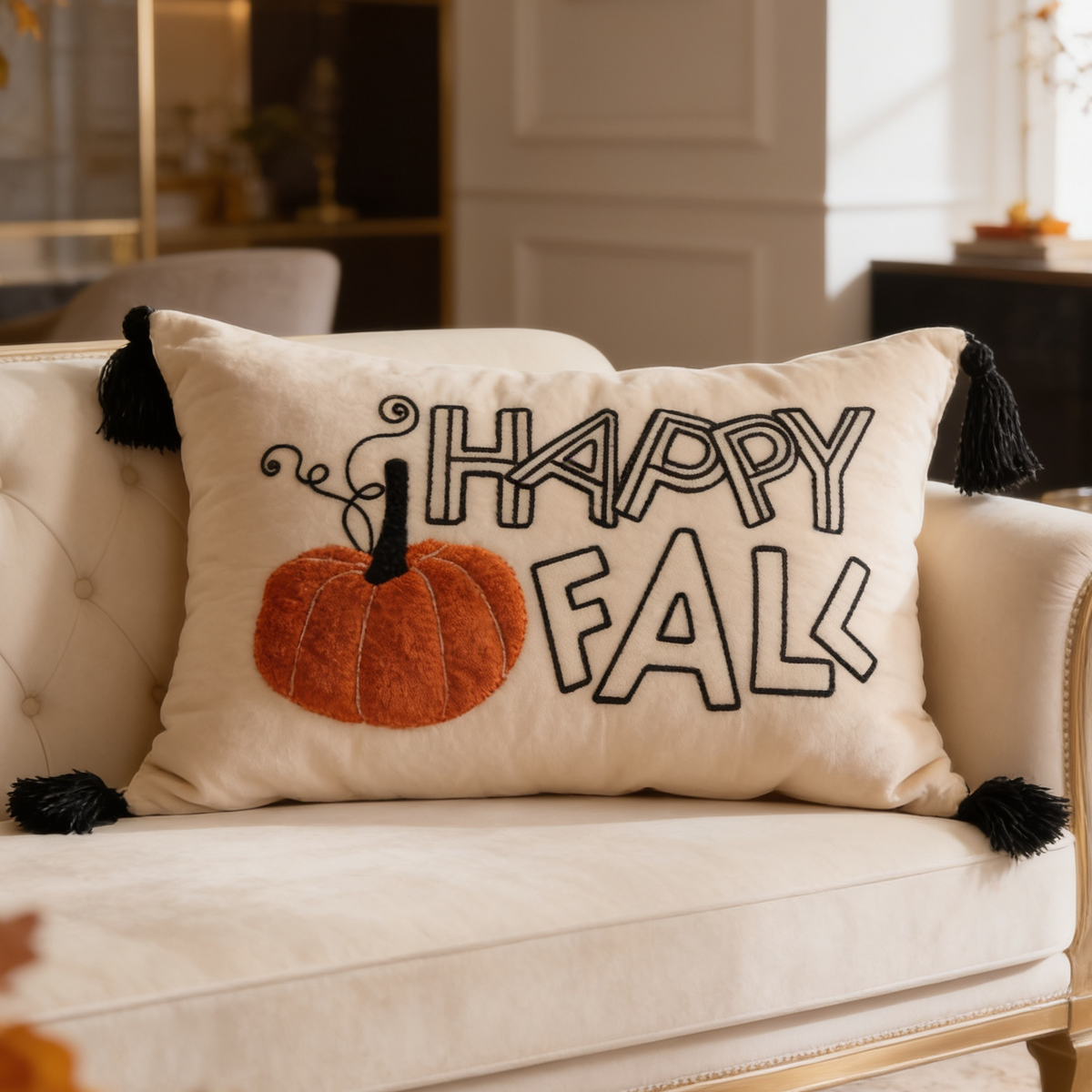 Happy Fall lettered velvet lumbar pillow cover