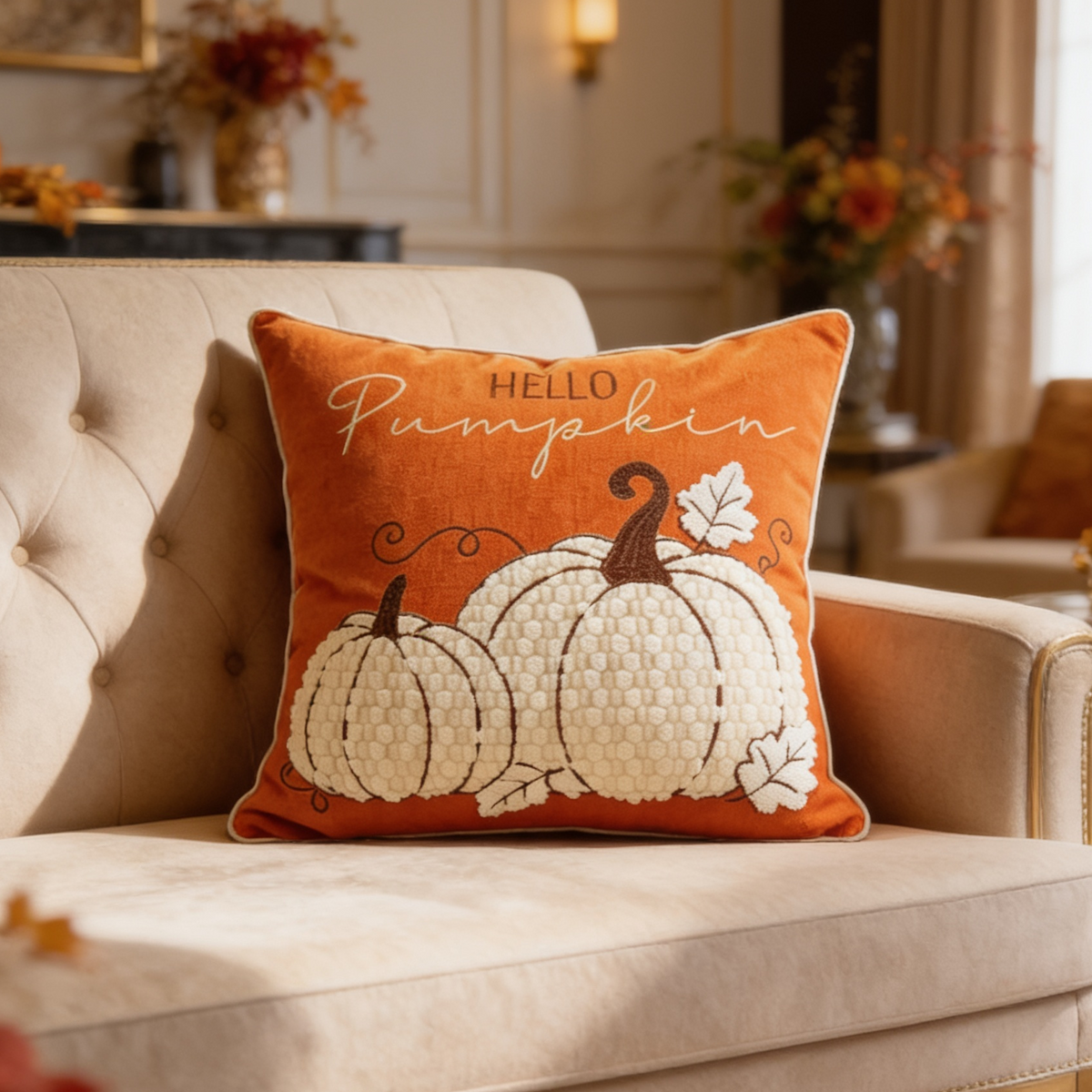 Pumpkin Throw Pillow Cover, Tufted Velvet Autumn Cushion Case in Twelve Pumpkin Designs Plus a Truck, 45 x 45 cm / 17.7 in or 30 x 50 cm / 19.7 in