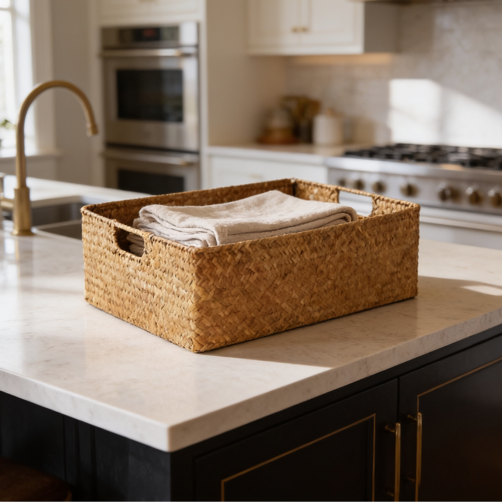 Wicker basket of folded linen on a marble island in a bright kitchen