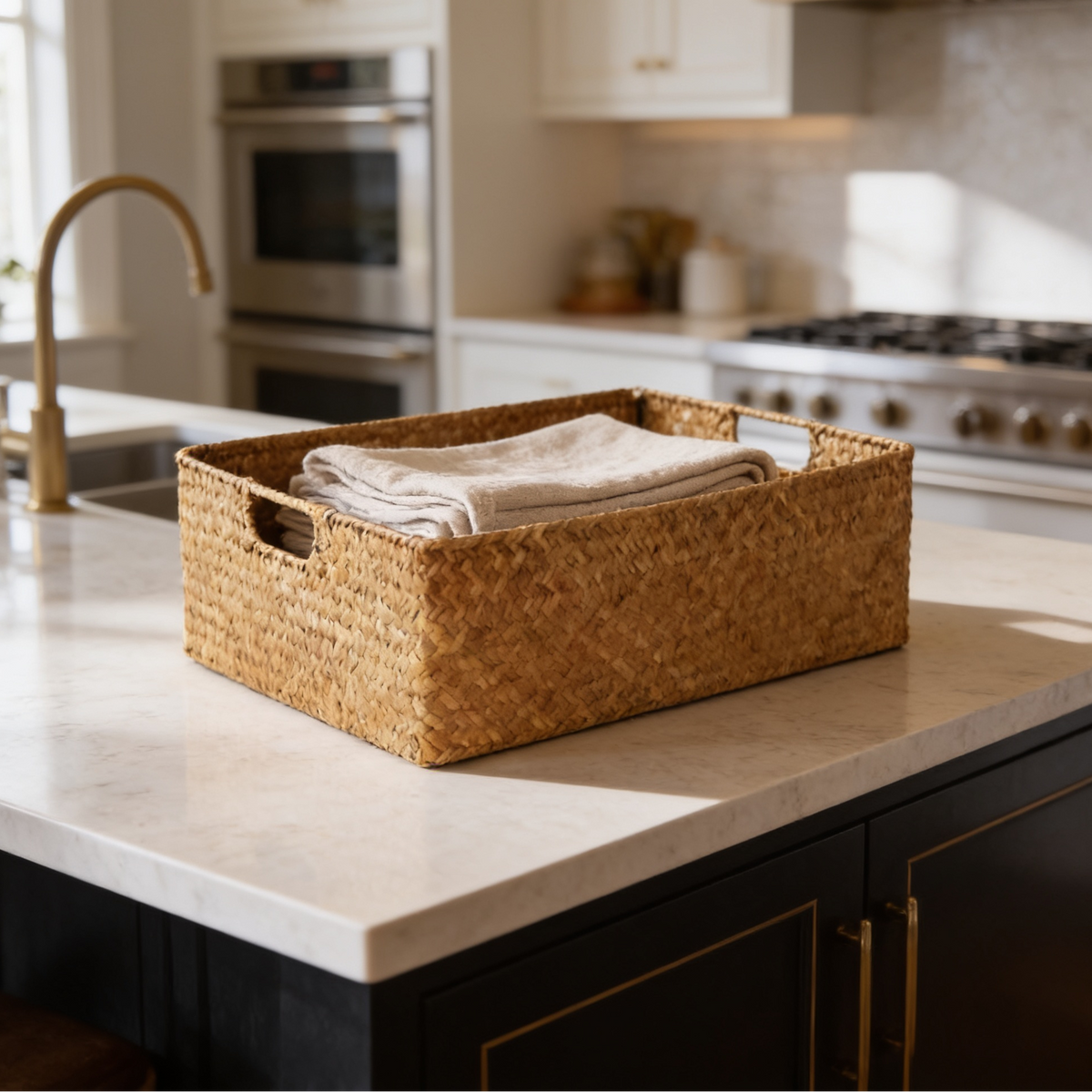 Wicker basket of folded linen on a marble island in a bright kitchen