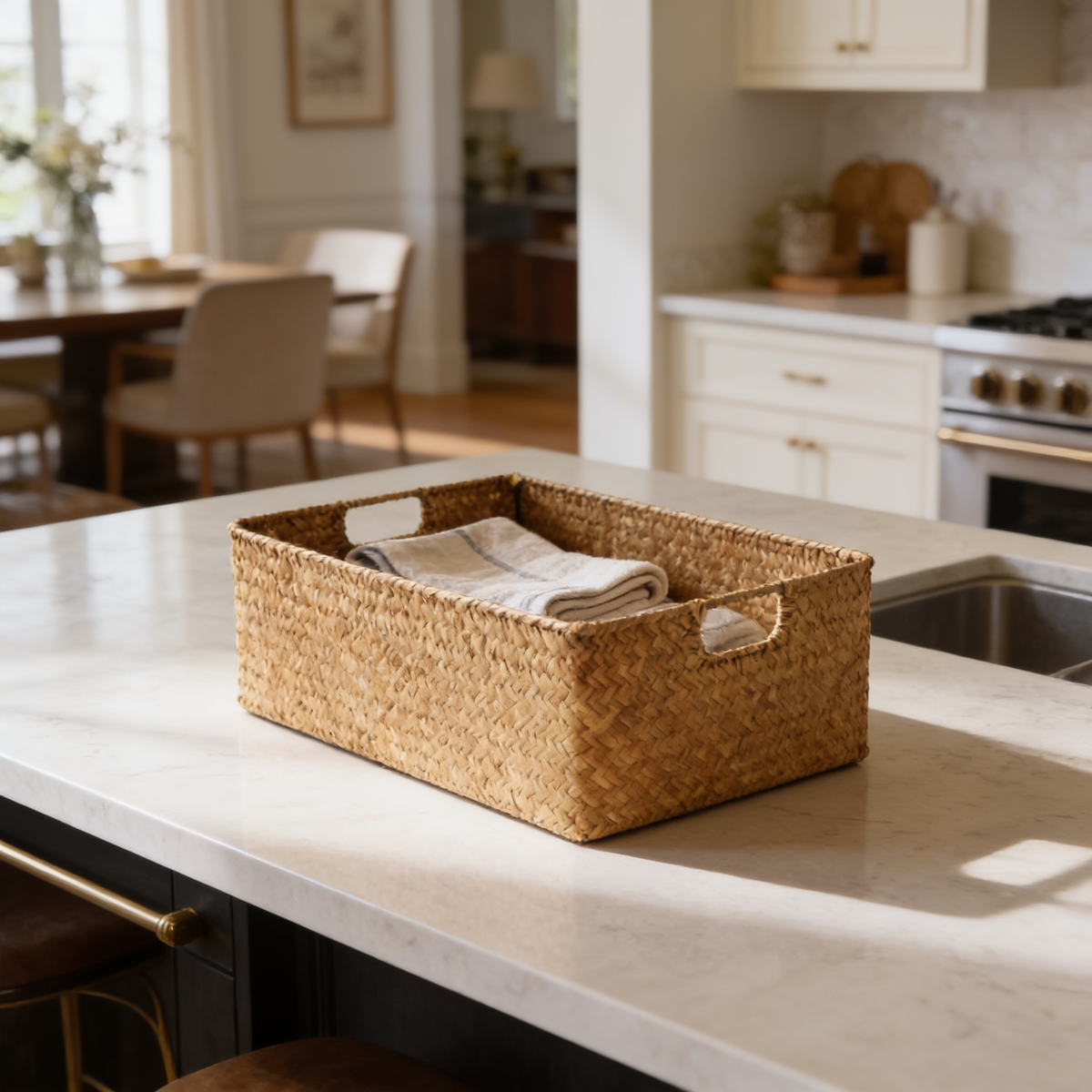 Wicker basket with folded cloth on a white counter in a kitchen