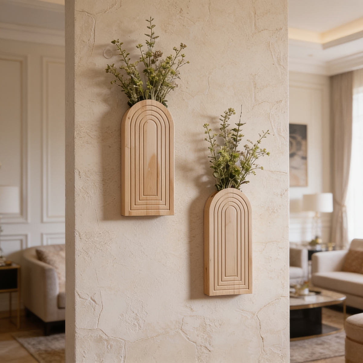 Pair of arched wood wall vases hung side by side on a plaster wall