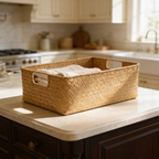 Wicker basket on a marble island seen from the side in a sunlit kitchen