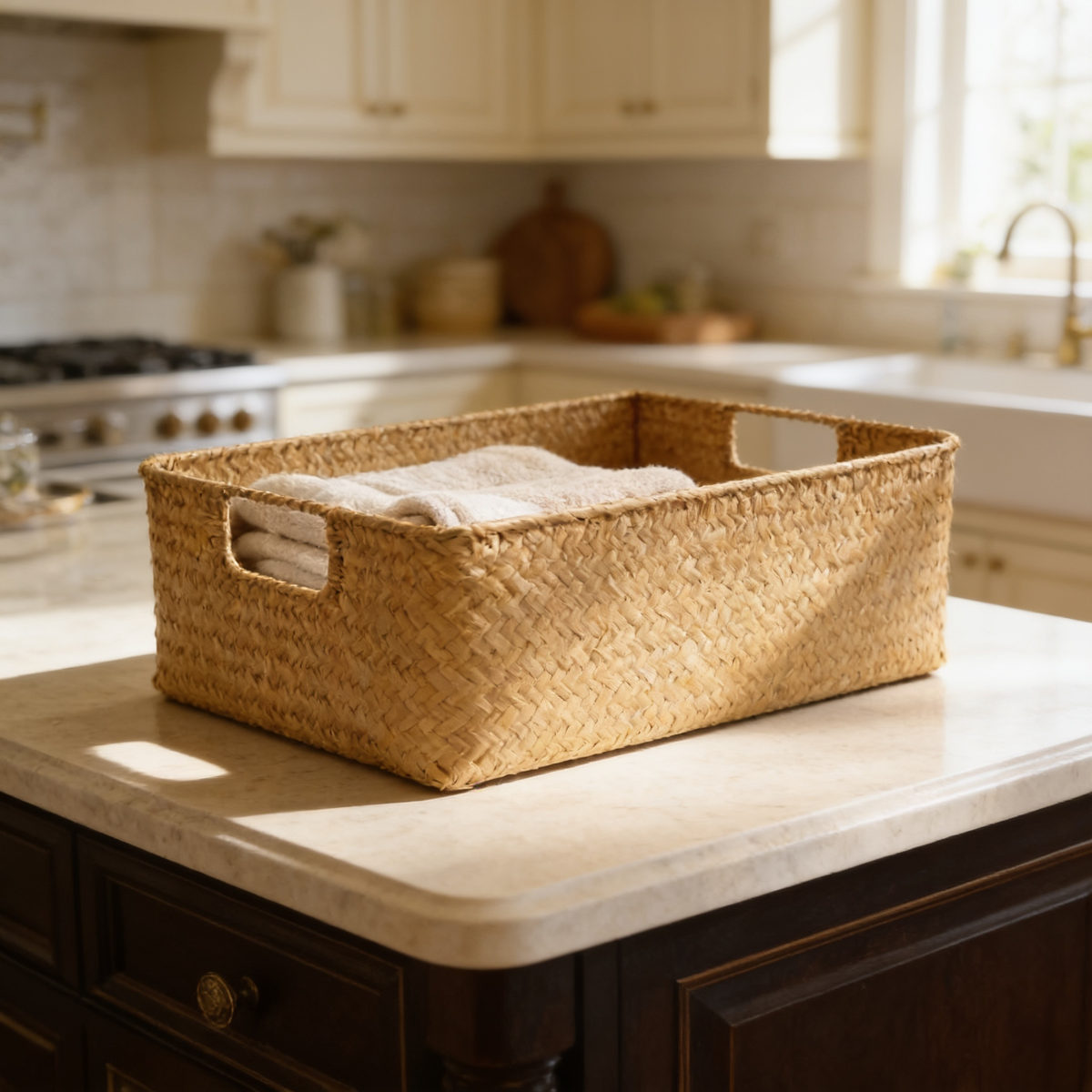 Wicker basket on a marble island seen from the side in a sunlit kitchen