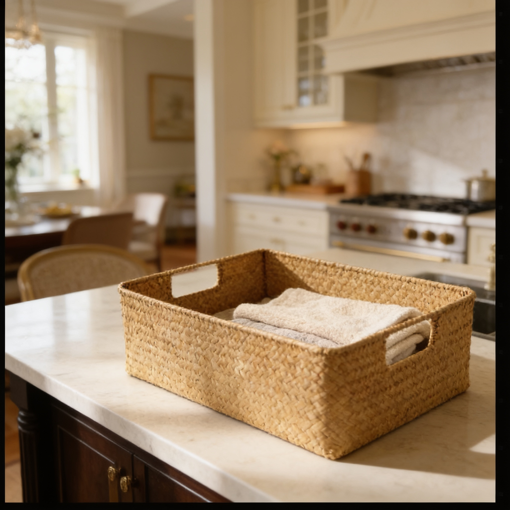 Wicker basket of folded towels on a counter in a wide kitchen view