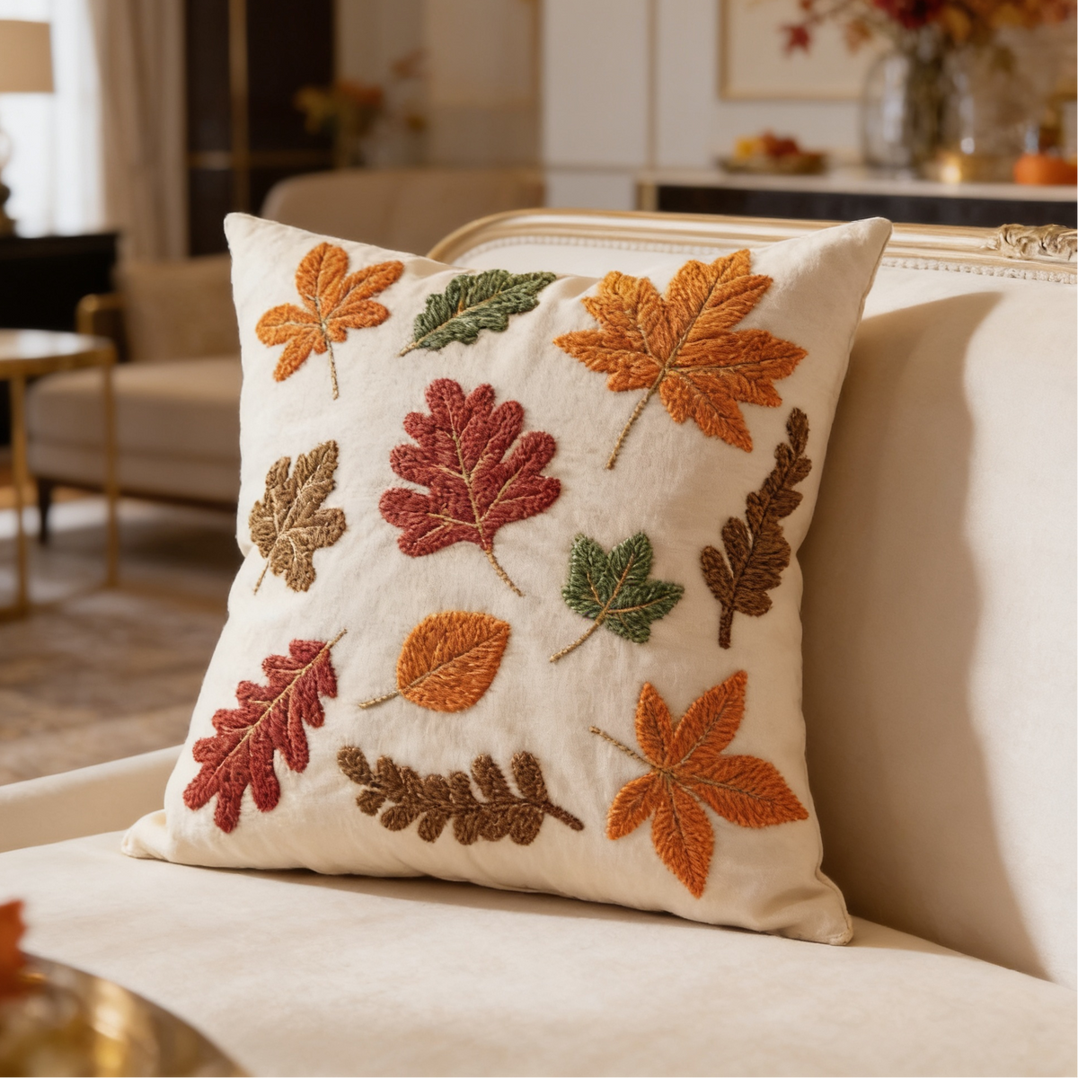 Scattered fall leaves tufted velvet pillow cover
